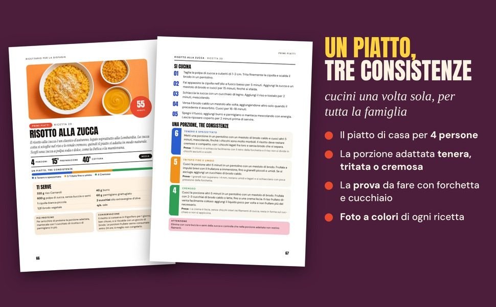 Doppia pagina della ricetta del risotto alla zucca con le tre versioni adattate